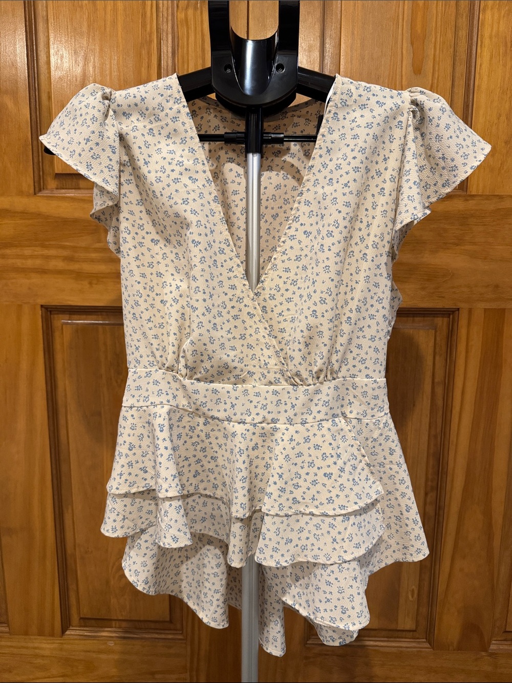 Love Tree Cream Peplum Tunic with Blue Floral Print